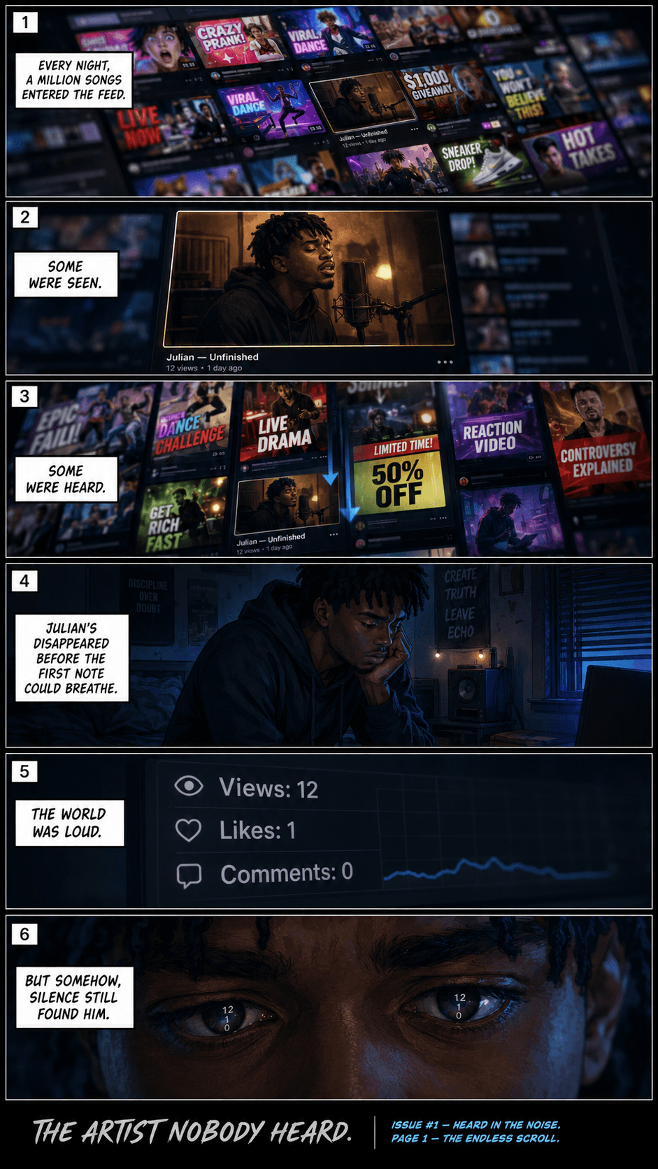 The Artist Nobody Heard Issue 1 artwork showing Julian facing an endless social media scroll